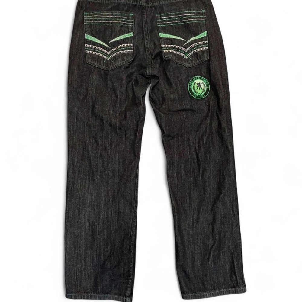 Vintage Red Ape Y2K Baggy Jeans Black Denim Green Contrast Stitching Size 34 - Picture 2 of 4